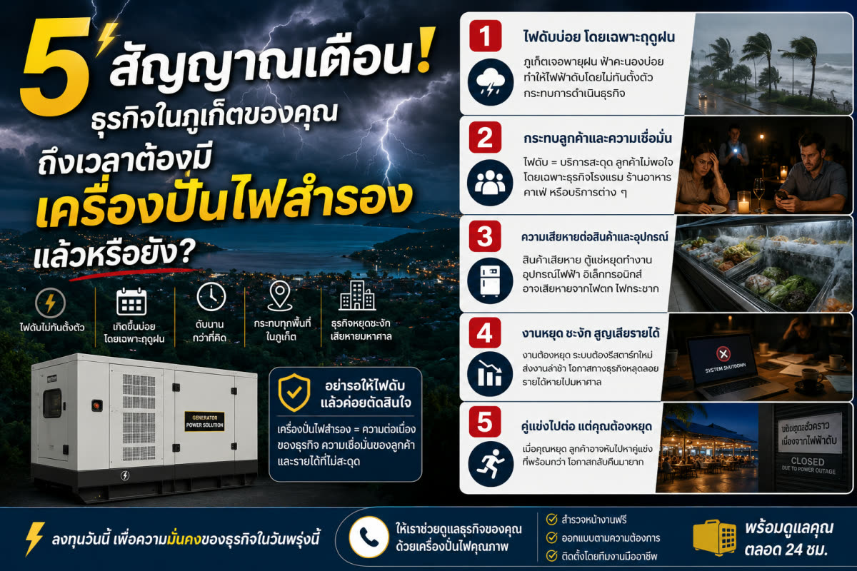 เครื่องปั่นไฟสำรองสำหรับธุรกิจโรงแรมและโรงงานในภูเก็ต โดยนำแสง เจนเนอเรเตอร์